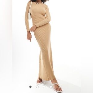 Bardot, Beige Ribbed Twist Back Maxi Sweater Dress, Size S | 816